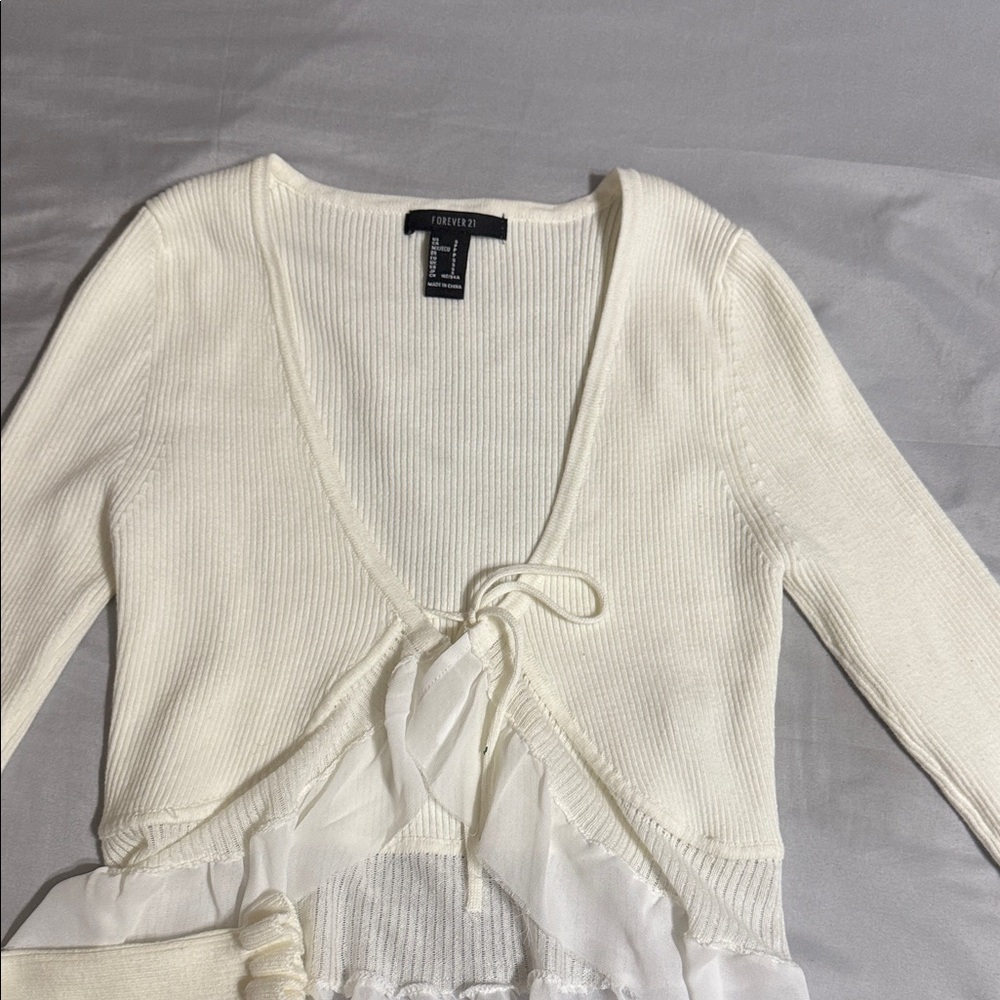 Forever 21 Cream Ribbed Tie-Front Sweater